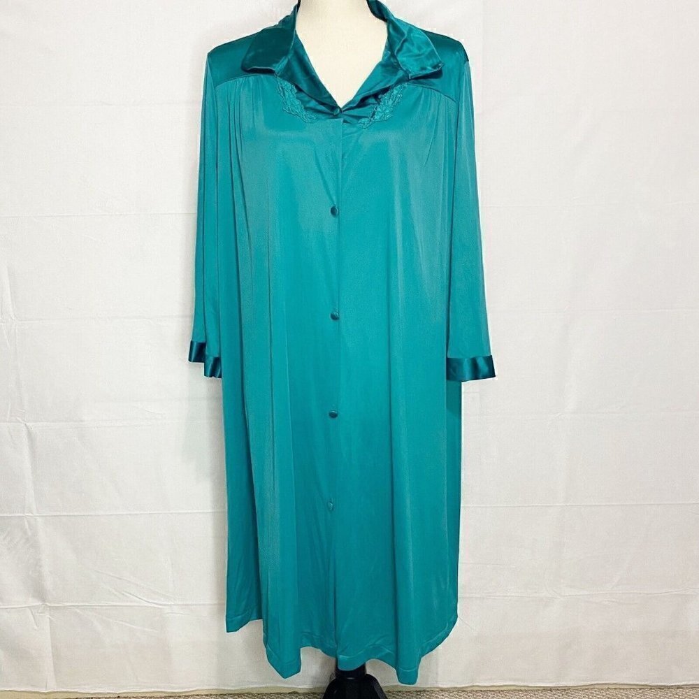 Vintage Vanity Fair Blue Dark Teal Embroidered Button Down Nylon Plus Size Large